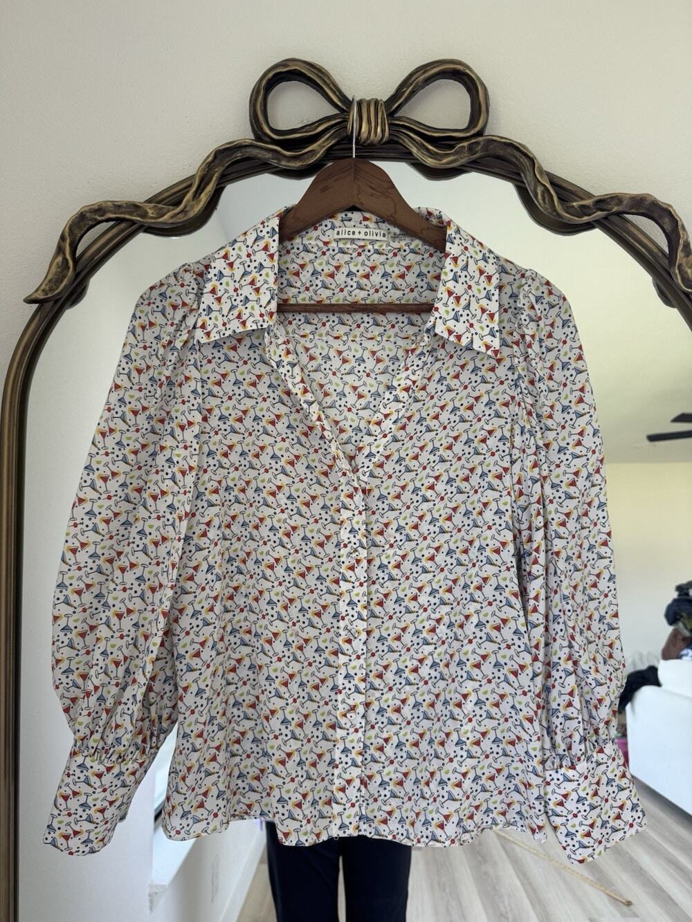 Alice+Olivia Salome Pure Silk Martini Baloon Sleeves Relaxed Button Blouse XS